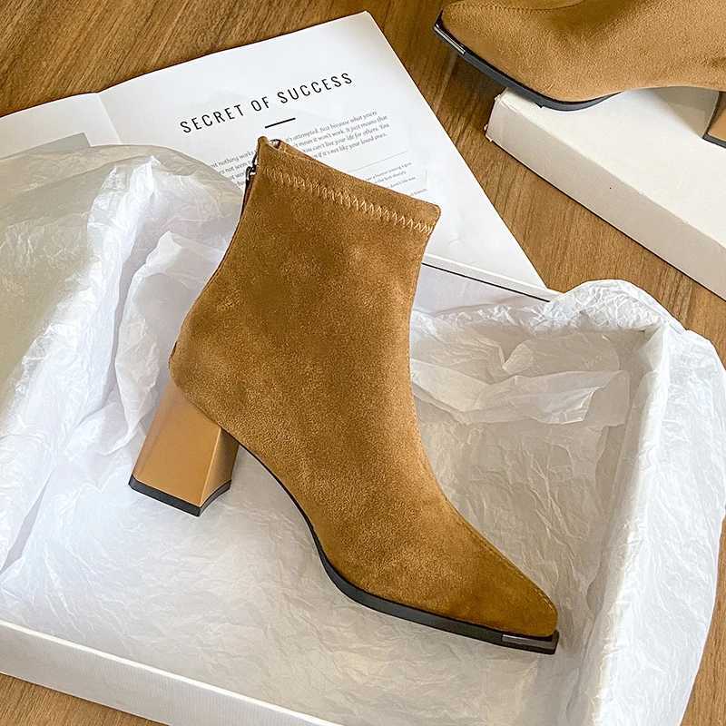 Brown Boots for Women Autumn Stretch Slim Boots Suede Short Boots for Women 2025 New Pointed High-heeled BootsT251223
