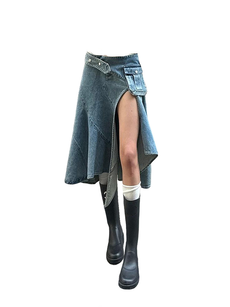 Casual Dresses Women Denim Skirt High Waist Vintage Streetwear Irregular Midi Skirts Y2k Layered Hem Summer Fashion Pockets Sexy