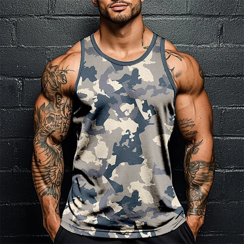 Summer Men Classic Camo Print Fitness Tank Top Gym Sports Loose Breathable Soft Sleeveless Top Fashion Simple Mens Vest Tee 251222