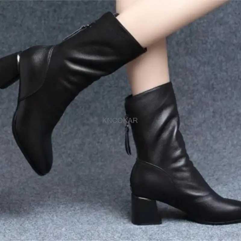 Real soft leather mid-calf boots womens fashion riding boots 2024 new autumn and winter mid-heel ankle boots thickT251223