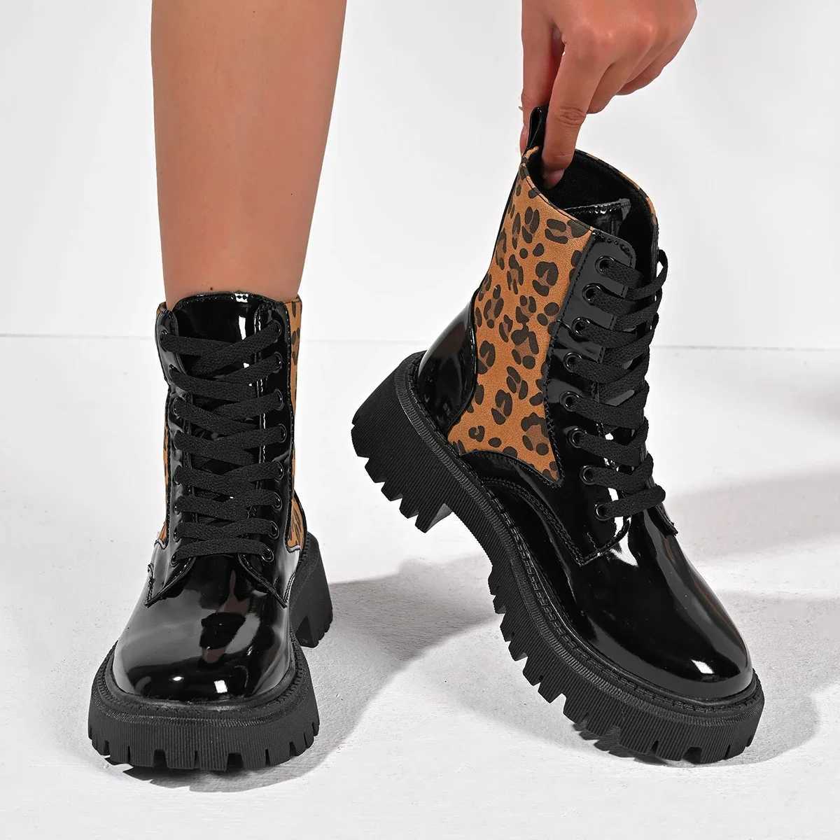 Women Boots High Quality Cross-tied British Style Boots Women Fashion Leopard Print Casual Shoes Women Round Toe Mid-Calf BootsT251223