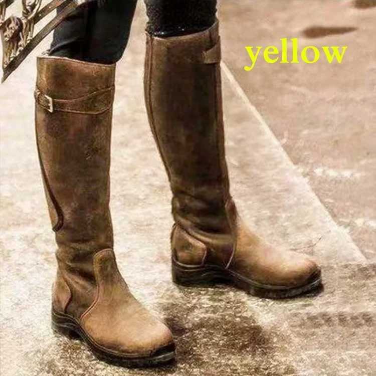 Women Winter Fashion Leather Low Heel Boots Zipper Knight Boots Vintage Outdoor Riding Boots Long Boots Knee High BootsT251223
