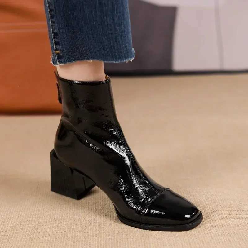 2025New Patent Leather Womens Autumn and Winter Square-toed Chunky Heel Shows Slimming High-heeled Short-leg BootsT251223