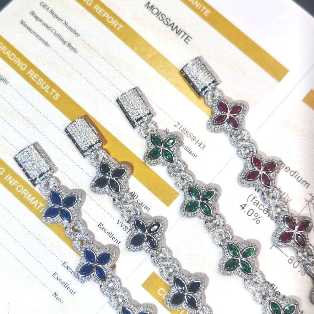VVS Moissanite Luxurious Hip-Hop Jewelry Colorful Silicon Stone Ice S925 Silver Cuban Clover Bracelet