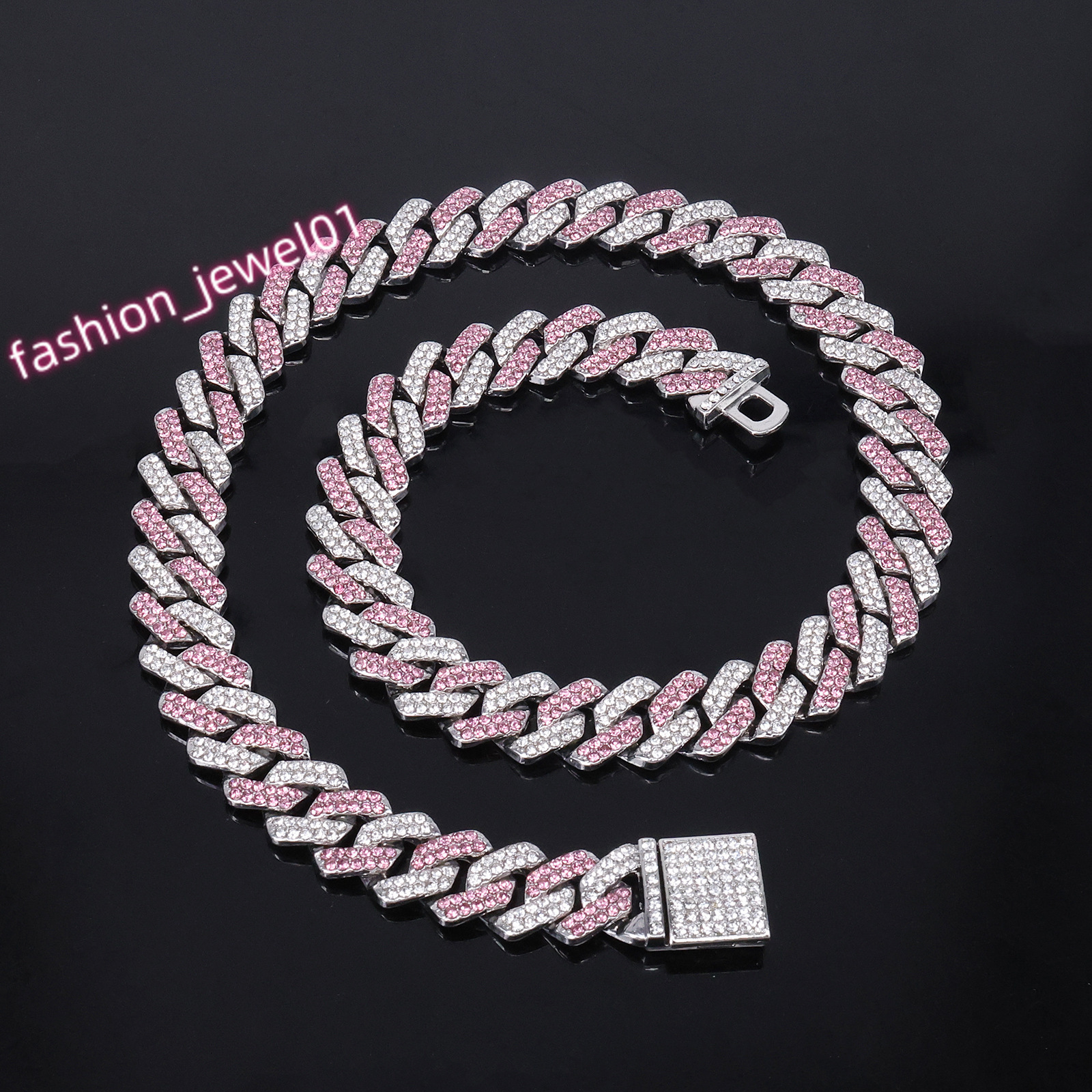 Hot Sale Temu 14mm Diamond-Shaped Pink Blue Diamond Flip Alloy Mens Necklace Cool Hip-Hop Cuban Chains with Geometric Pattern