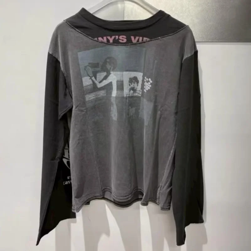 Graffiti Portrait Print Patchwork Sweatshirt Letter Logo ERD Long Sleeve T-shirt American Street Cotton Loose Men Women Top