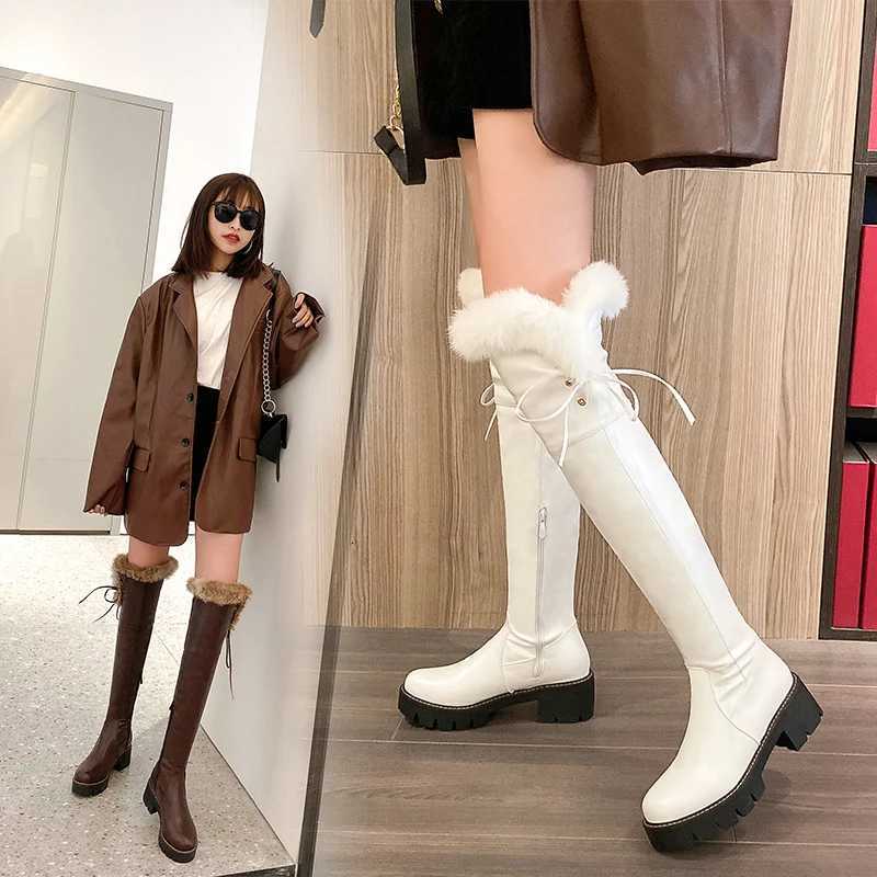 Cuffed Faux Fur Thick-Soled Over-The-Knee Boots Lace-Up Side Buckle Sweet Thick-Heeled Boots Warm And Comfortable Womens ShoesT251223