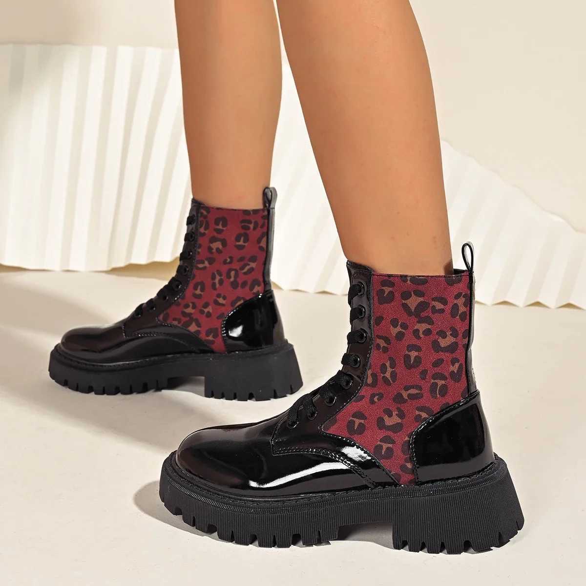 Women Boots High Quality Cross-tied British Style Boots Women Fashion Leopard Print Casual Shoes Women Round Toe Mid-Calf BootsT251223
