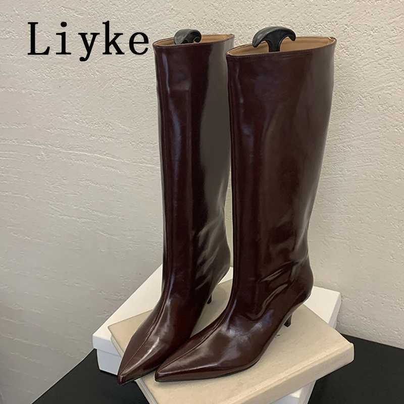 Liyke Winter Street Style Cosy Pointed Toe Woman Knee-High Boots Slip-On Low Thin Heels Shoes Female Long Booties Zapatos MujerT251223