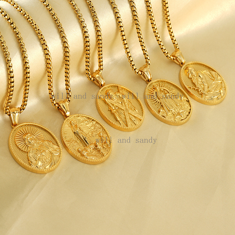 18K Gold Virgin Mary Jesus Cross Necklace Pendant Designer Jewelry Non Tarnish Gold Necklaces Christian Madonna Necklaces for Men Fine Spiritual Jewelry