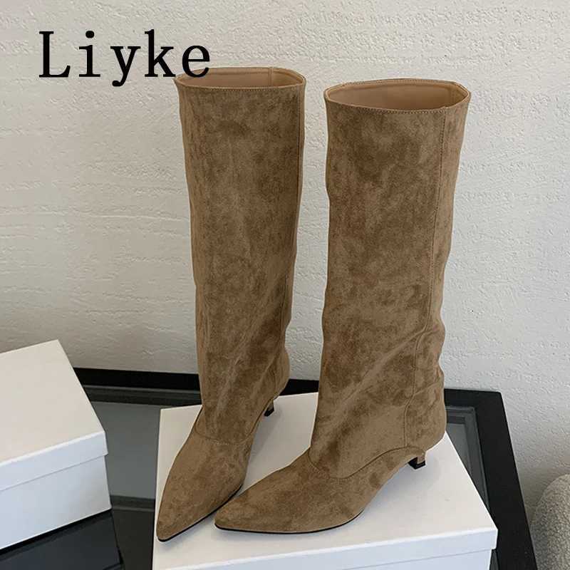 Liyke 2025 New Sexy Pointed Toe Knee High Boots Women Autumn Winter Low Thin Heels Pumps Cozy Ladies Party Long Shoes Size 35-40T251223