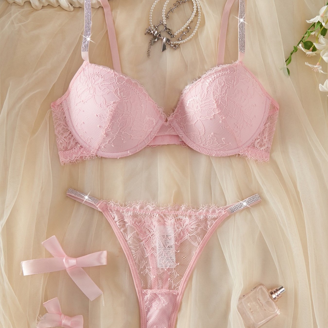 2pcs Women'S Sexy Sheer Lace Underwear Set - Soft Pink Bra Transparent Panties with Ruffled Edges, Comfortable Everyday Lingerie for Thanksgiving, Christmas Outfits