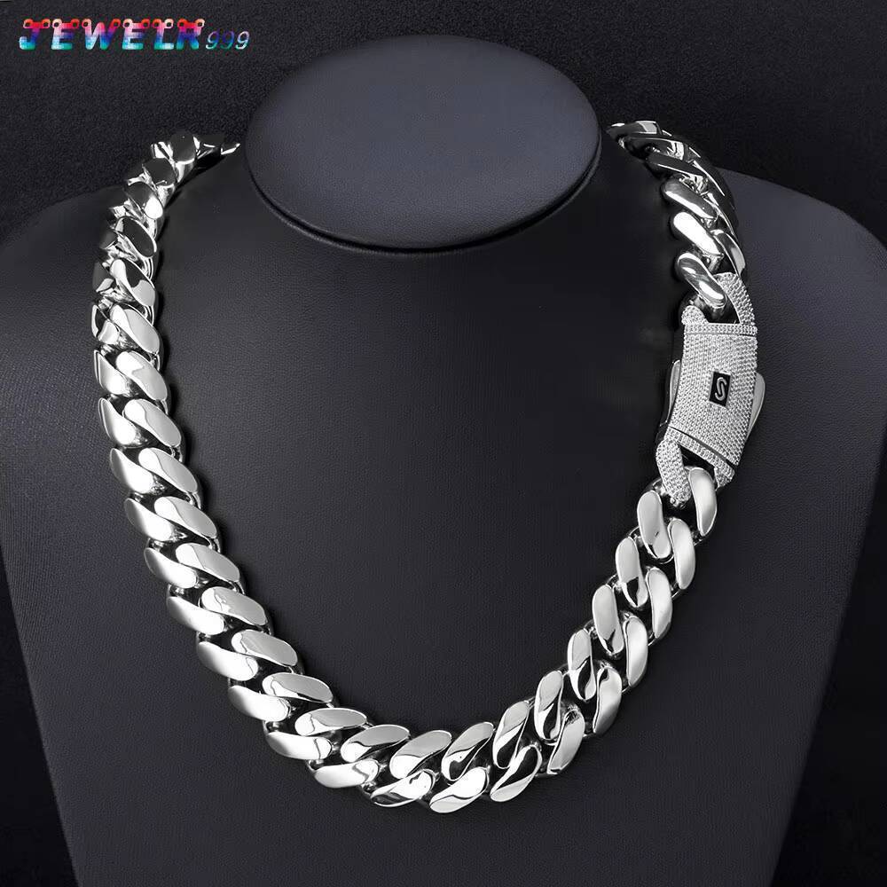 High Quality 14K Monaco Chain 925 Silver Cuban Link Necklace Iced Out VVS Moissanite Clasp Smooth Cuban Chain Jewelry