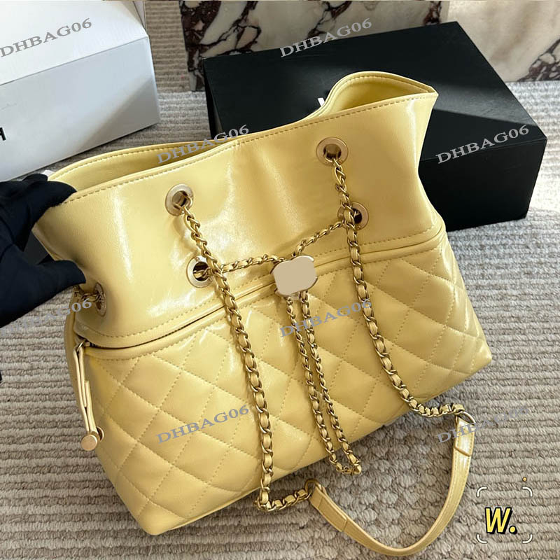 Vintage Ladies Designer Hobos Drawstring Bag Glossy Oil Wax Leather Gold Zipper Decoration Metal Adjusting Clasp Hardware Chain Shoulder Tote Handbag 30cm