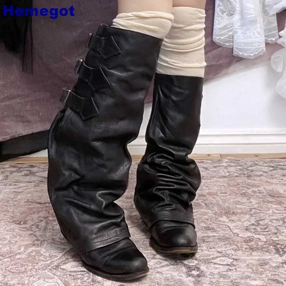 Genuine Leather Round Womens Boots 2025 Street Belt Buckle Solid Color Fashion Casual Trouser Boots Pleated Retro Mid-Calf BootT251223