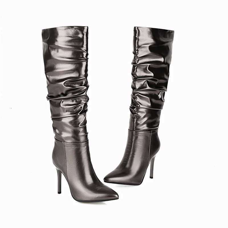 Kcenid Silver Gold Knee High Boots Women Pleated Pointed Toe Thin High Heels Dres Party Shoes Autumn Winter Long Boots WomanT251223