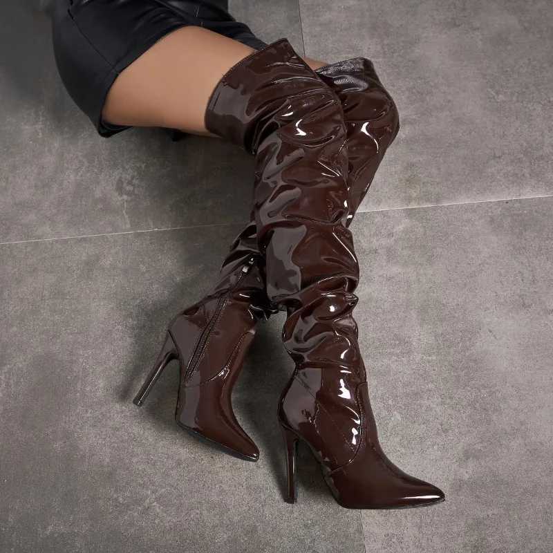 Sharp Pointed Patent Leather Fashionable Womens Boots Model Walking High Heels Boots Brown High Top Knee SizeT251223
