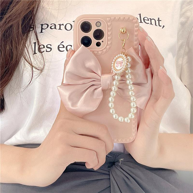 Bowknot Pearl Chain Compatible with Apple 13 Phone Case iPhone 12/11 Women X/XR/XS Max Soft 8 Plus