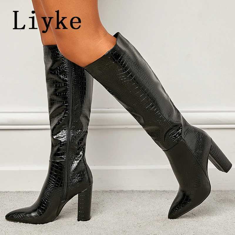Liyke Fashion White Women Knee High Boots Sexy Snake Print Leather Pointed Toe Square Heels Ladies Long Booties Zip Female ShoesT251223