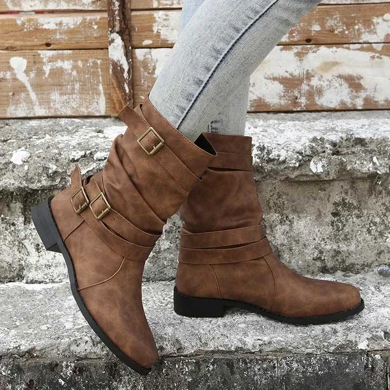 Large Mid Length Retro Boots for Women 2024 Autumn and Winter New Item Solid Color Fashion Boots Buckle Casual Knight BootsT251223