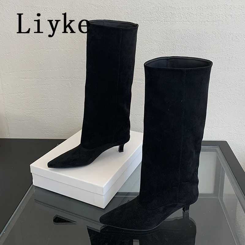 Liyke 2025 New Sexy Pointed Toe Knee High Boots Women Autumn Winter Low Thin Heels Pumps Cozy Ladies Party Long Shoes Size 35-40T251223