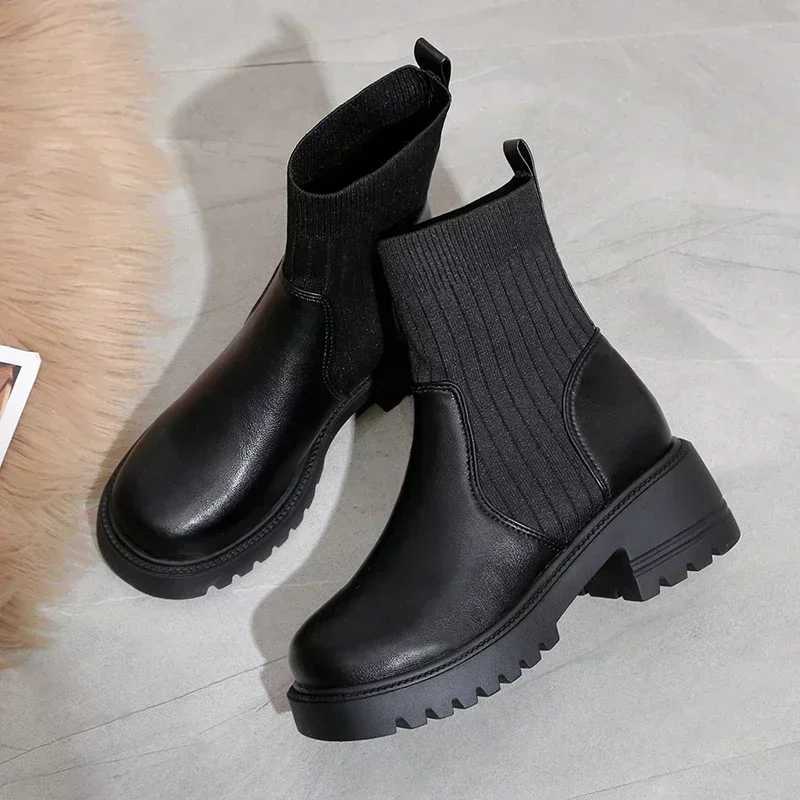 2025 Autumn Winter Fashion Women Chelsea Boots Female PU Leather High Heels Boots Platform Shoes Ladies Knitted Sexy Ankle BootsT251223