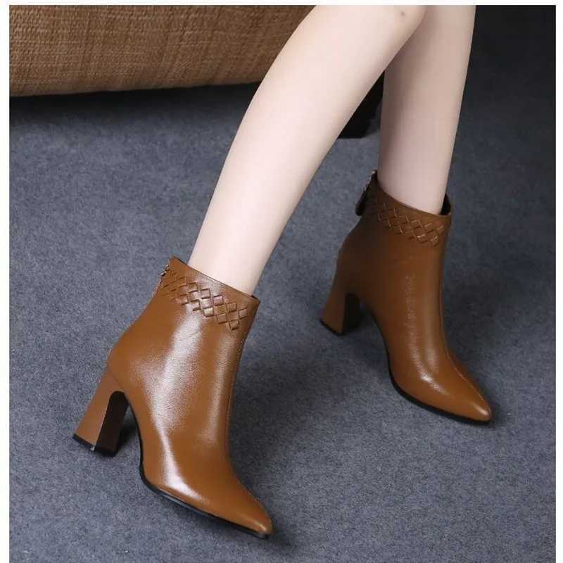 Vintage Pointed Toe High Heels Ankle Boots for Women Brown Pu Leather Zipper Short Boots Woman Autumn Thick Heel BootiesT251223
