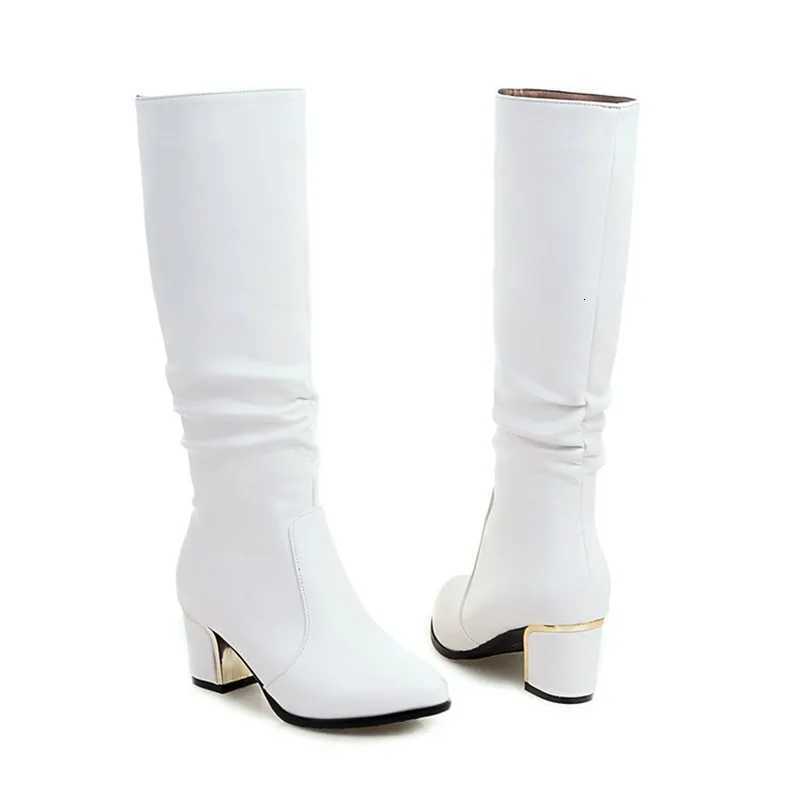 Lady Plus Size 32 33 43 26cm Black White Motorcycle Knee Boots Leather Pull On Long Botas High Heel Short Plus Warm Shoes WinterT251223