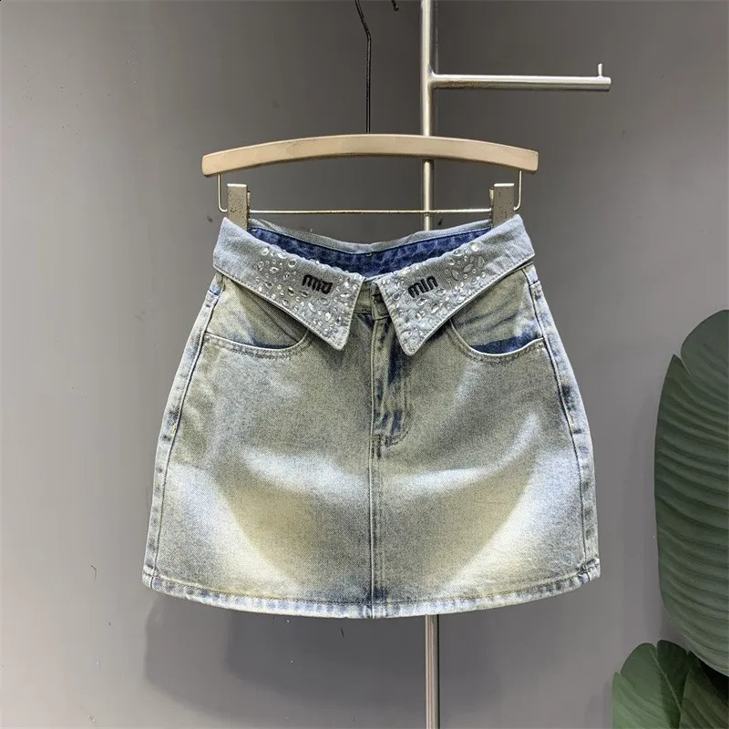2026 Y2K Light Blue Denim Skirt High Waisted Bedazzled VNeck Mini for a Sweet Look 251222