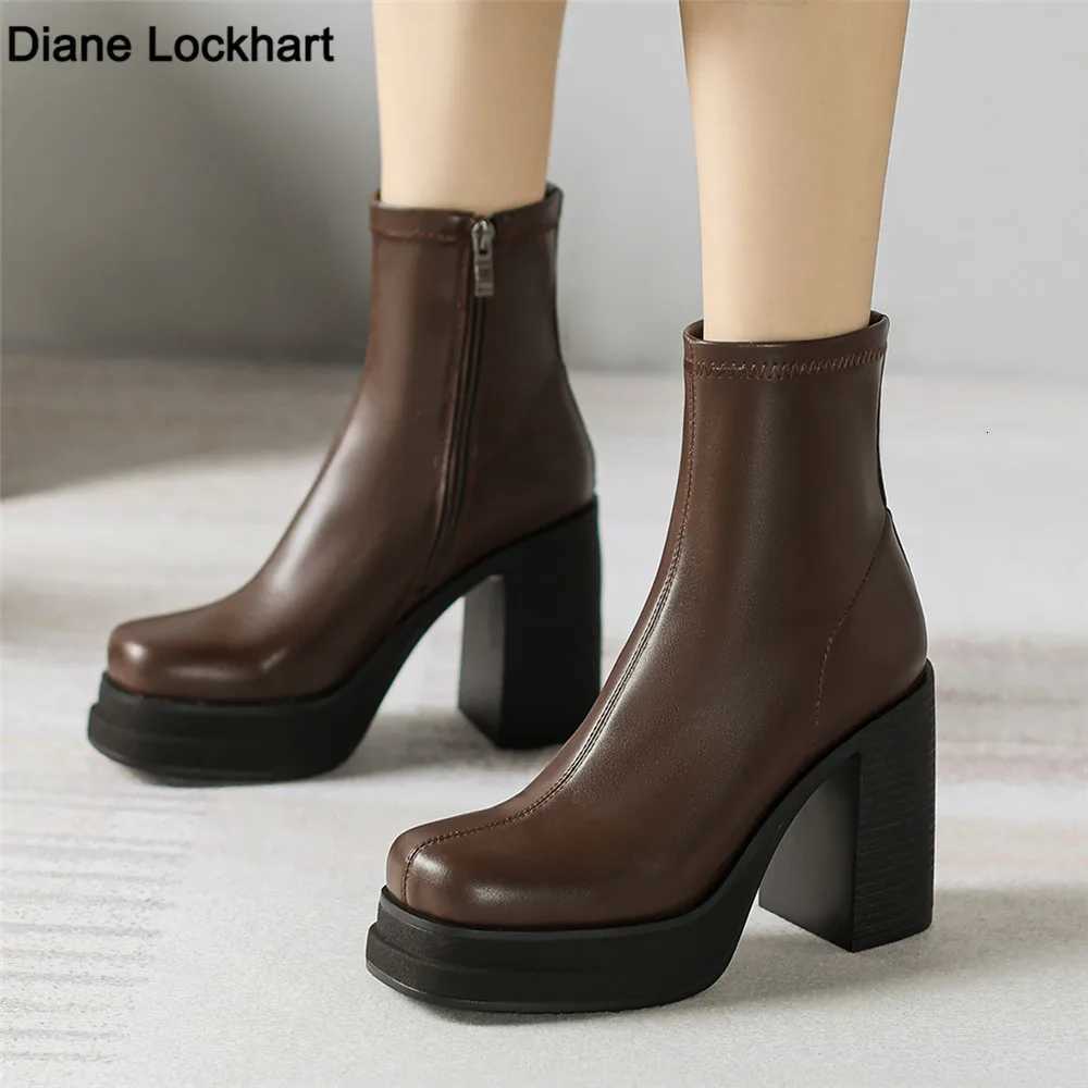 2025 NEW Brand Women Autumn Winter Boots Sexy High Heels Platform Black Brown Side Zip Shoes Woman Ankle Boots Size 33-41T251223
