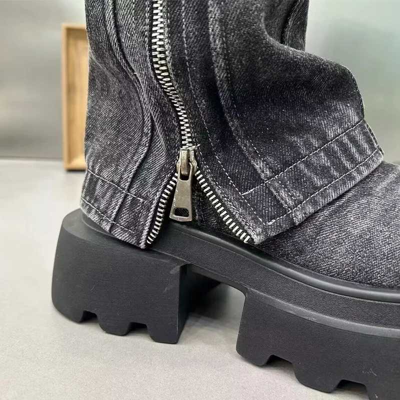 Women Cowboy Mid-calf Boots Zipper Platform Mid Heels Designer Shoes Winter New Motorcycle Boots 2024 Fad Trend Mujer ZapatosT251223