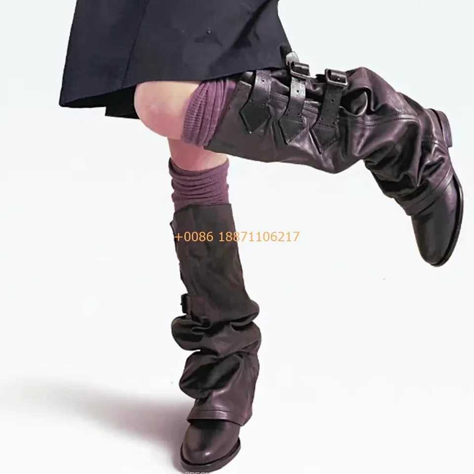 Genuine Leather Round Womens Boots 2025 Street Belt Buckle Solid Color Fashion Casual Trouser Boots Pleated Retro Mid-Calf BootT251223