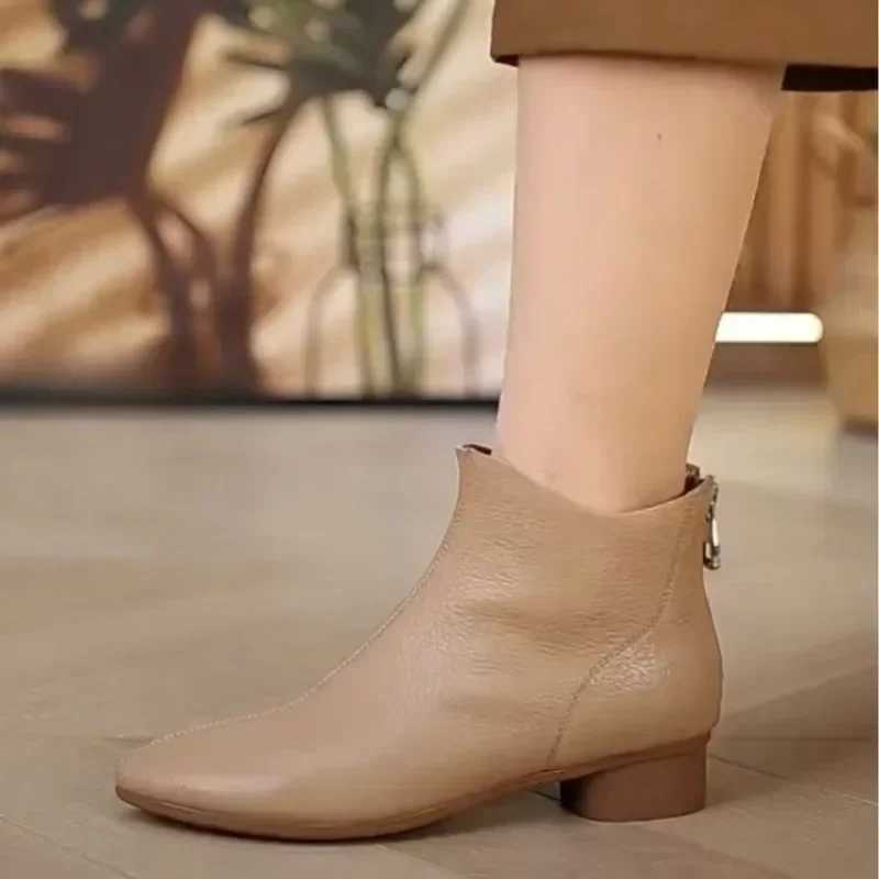 New autumn and winter soft leather bare boots with pointed and thick matching boots French retro short boots for womenT251223