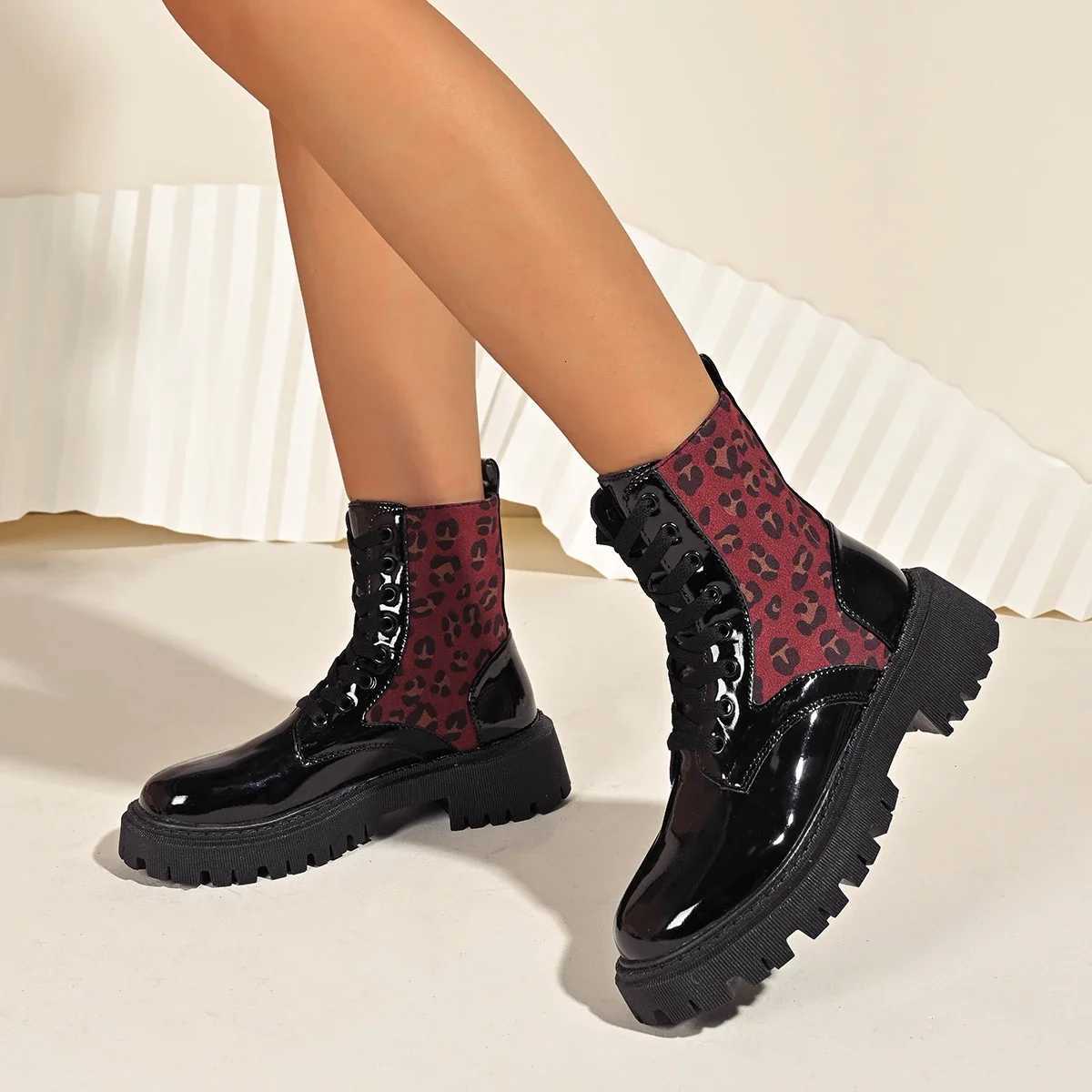 Women Boots High Quality Cross-tied British Style Boots Women Fashion Leopard Print Casual Shoes Women Round Toe Mid-Calf BootsT251223