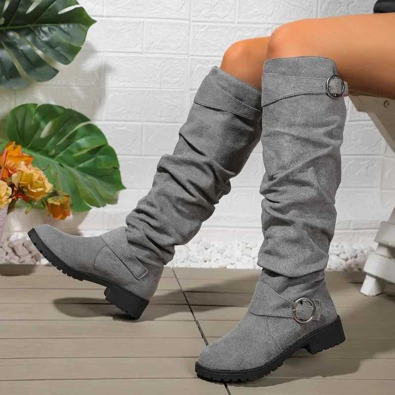 2024 Hot Sale Ladies Shoes Slip-on Womens Boots Fashion Belt Buckle Modern Boots Women New Plus Size Solid Knee-High BootsT251223