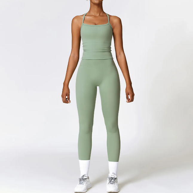 Women Yoga Two-piece Set Short Running Tank Top+ Long Pant Solid Color Sports Bra With Fitness