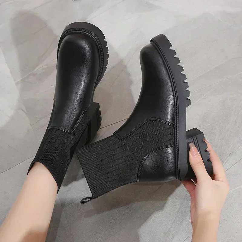 2025 Autumn Winter Fashion Women Chelsea Boots Female PU Leather High Heels Boots Platform Shoes Ladies Knitted Sexy Ankle BootsT251223