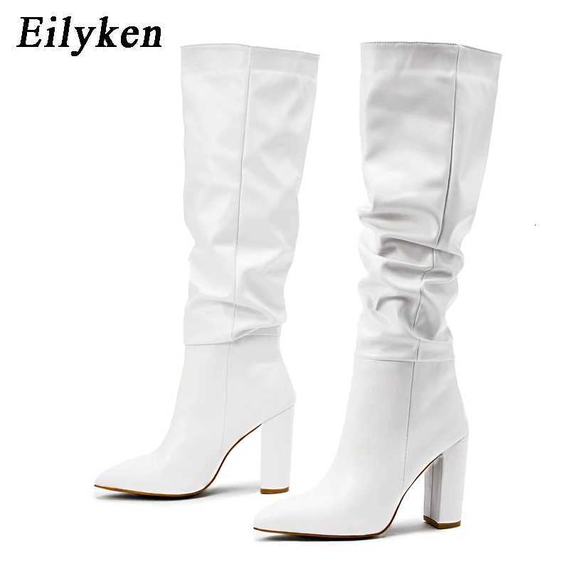 Fashion Pleated Women Knee High Boots Sexy Pointed Toe Square Heels Ladies Long Female White Black Shoes size 35-42T251223