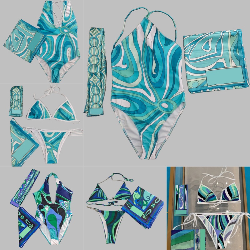Luxury Blue Bikinis Swimwear Womens Printed Halter Bikini Set With Headband Scarf Summer Beach Vacation Diving Surfing Sexy Swimsuits