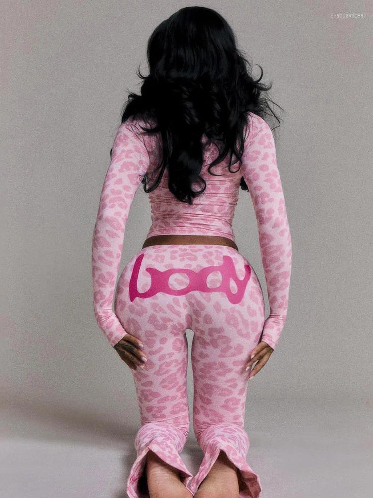 Casual Panelled Leopard Women Pants Sets Hipster Letter Printed Zip-up Tops+Skinny Elastic Trousers Female Street 2 Piece