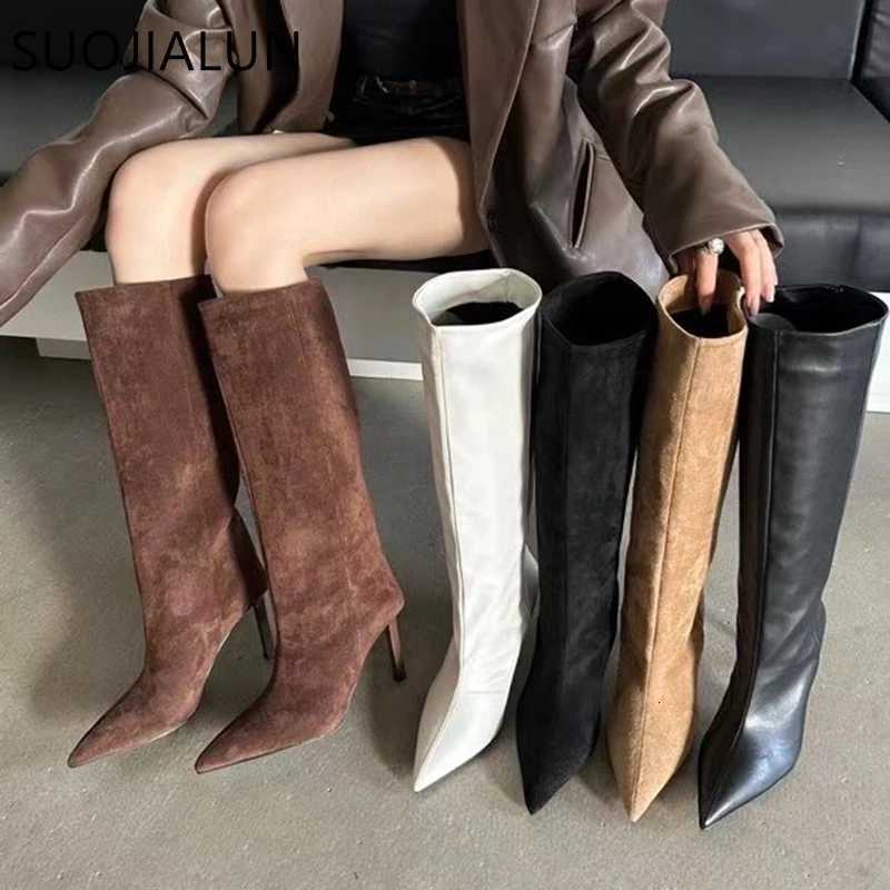 SUOJIALUN Brand Women Long Boots Fashion Pointed Toe Slip On Ladies Elegant Knee-high Boots Thin High heel Outdoor Dress PumpsT251223