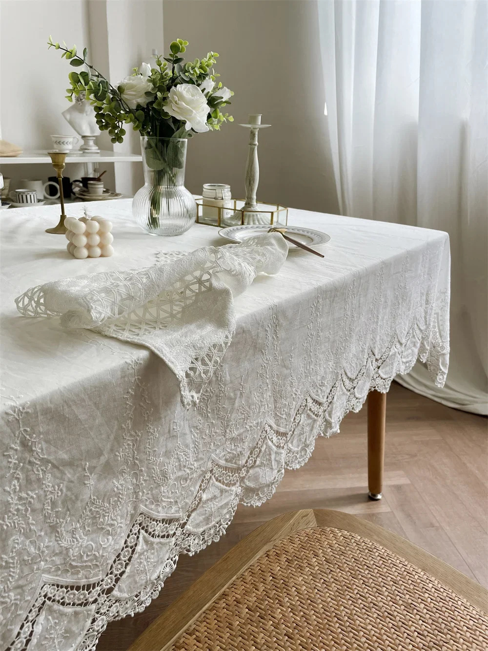 French White Lace Flower Embroidery Cotton Tablecloth for Wedding Party Decoration Table Cloth Table Cover 251222