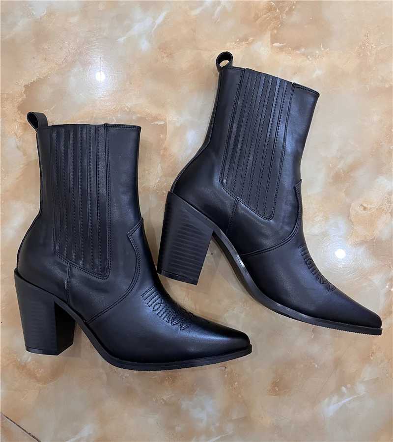 Embroidered Women Chelsea Boots Pointed Toe Short Booties Chunky High Heels Black Ankle Botas Mujer Designer Cowboy ShoesT251223