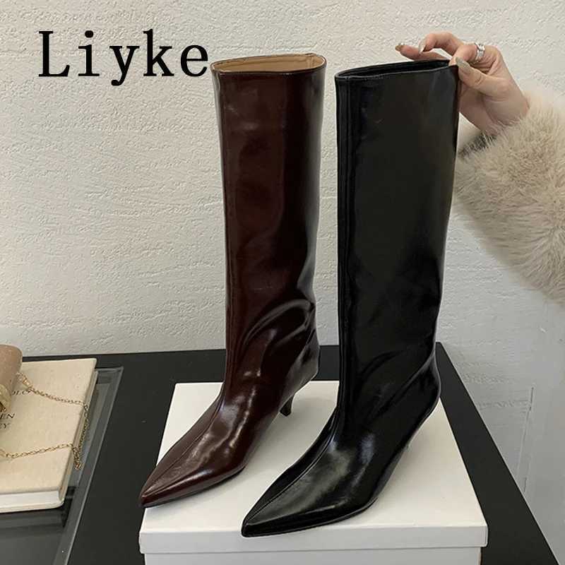 Liyke Winter Street Style Cosy Pointed Toe Woman Knee-High Boots Slip-On Low Thin Heels Shoes Female Long Booties Zapatos MujerT251223