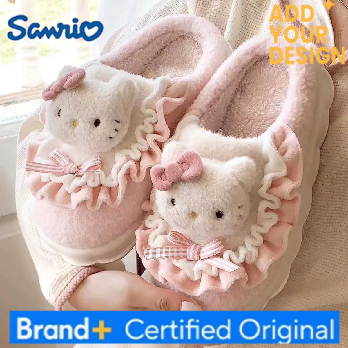 Sanrio Hot Hello Kitty Girl Cartoon Keep Warm Slippers Student Winter Thick Sole Fleece-Lined Child Non-Slip Cotton Slippers New H251223