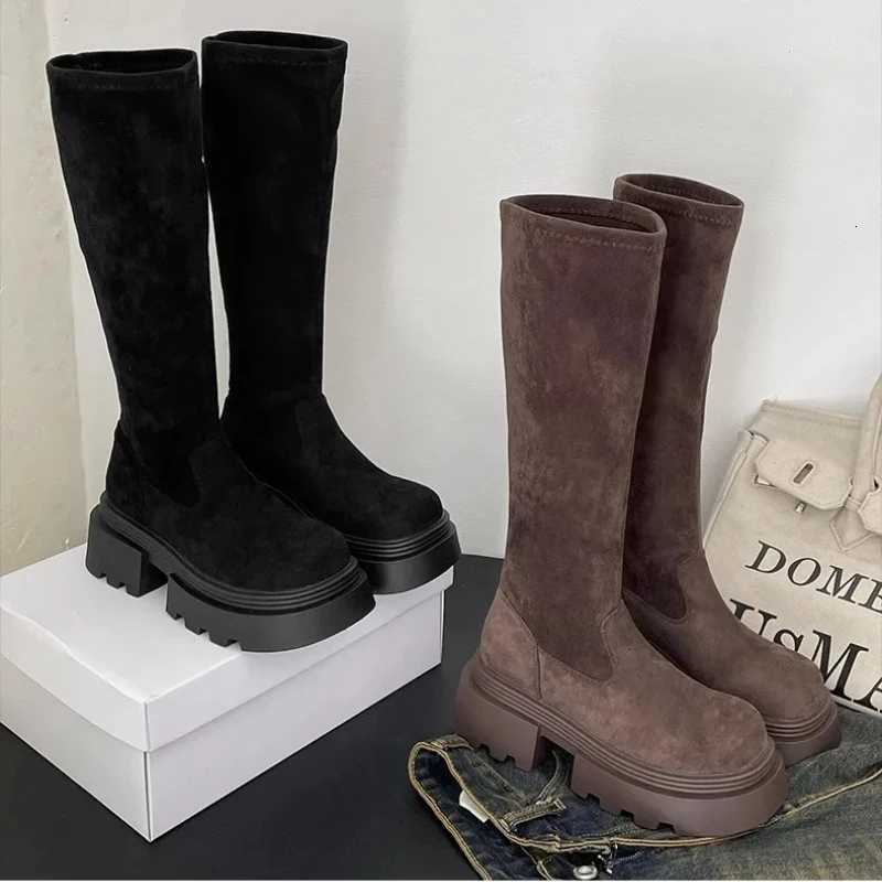 Winter Platform Punk Style Woman Knee High Boot Concise Slip On Elastic Slim Shoes Ladies Thick Bottom Knight Long BootiesT251223