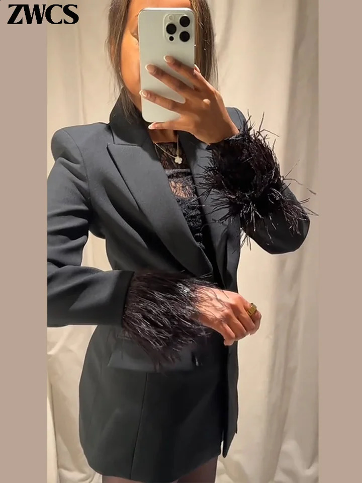 Elegant Feathers Blazer Pants Set Womens Solid Lapel Singlebreasted Suit Jackets Straight Wide Leg Trousers 2025 Outfits 251223