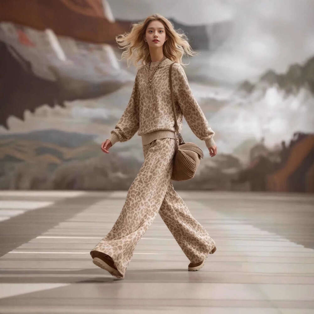 Autumn Winter European American Amazon Cross-Border Light Brown Leopard Print Set Long Sleeve Slim Sweatshirt Retro Casual Pants Women DREAM RECALL