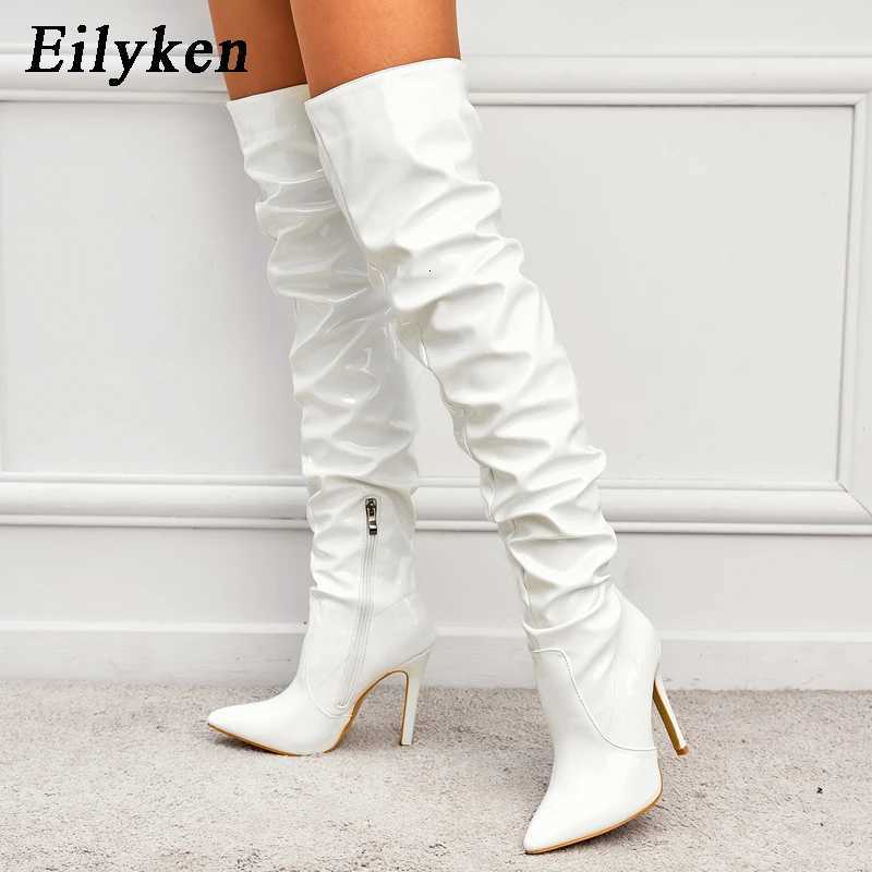Eilyken Red Women Over The Knee Boots High Heels Patent Leather Solid Pointed Toe Stiletto Side Zipper Sapatos FemininosT251223