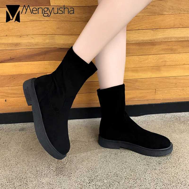 candy color green mid-calf boots women flat rubber suede leather short booties mujer comfortable slip on chelsea botas femininasT251223